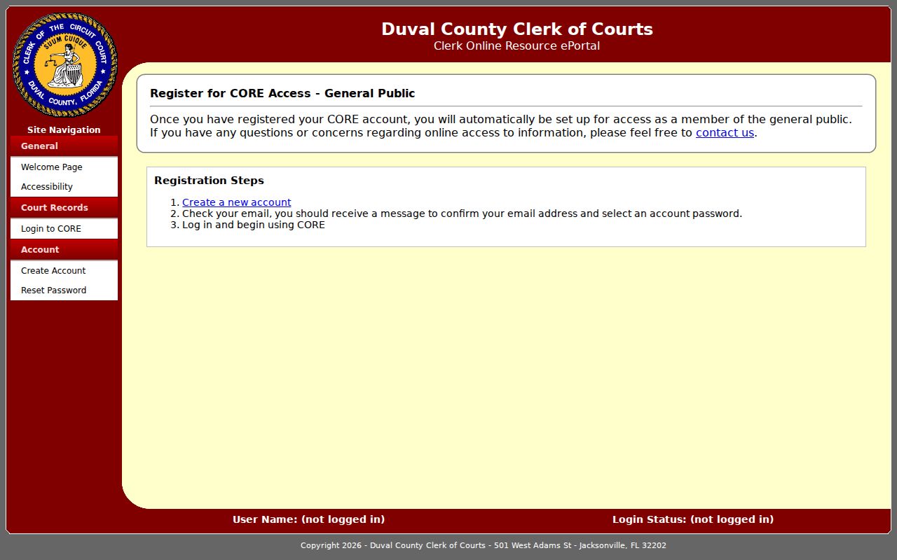 CORE public court records entry for Jacksonville and Duval County