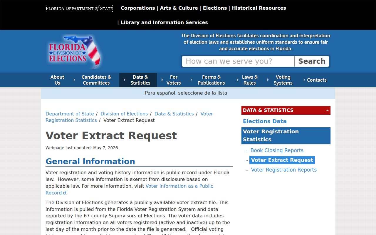Florida voter registration extract request page for block research
