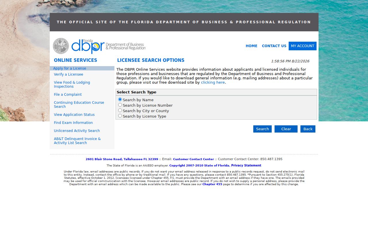 Jacksonville resident lookup DBPR licensee search