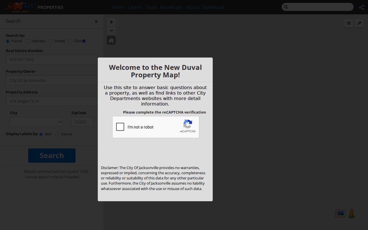 Duval Property Map for browsing parcels in the Jacksonville street directory